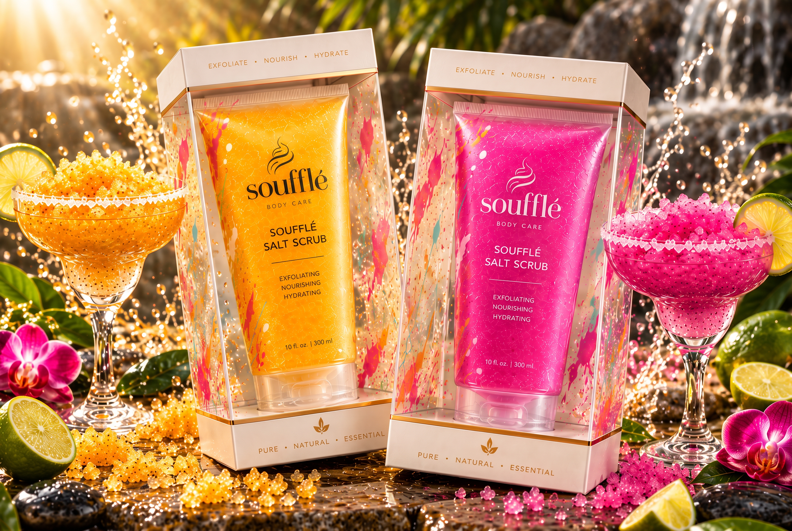 Soufflé Salt Scrub — tropical spa display